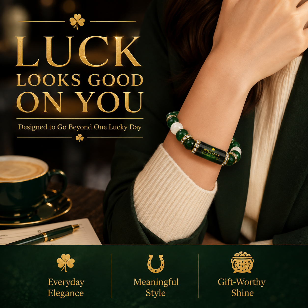 💰 Green Agate Money Luck Bracelet – Clover Charm for Wealth & Good Fortune-Lynn