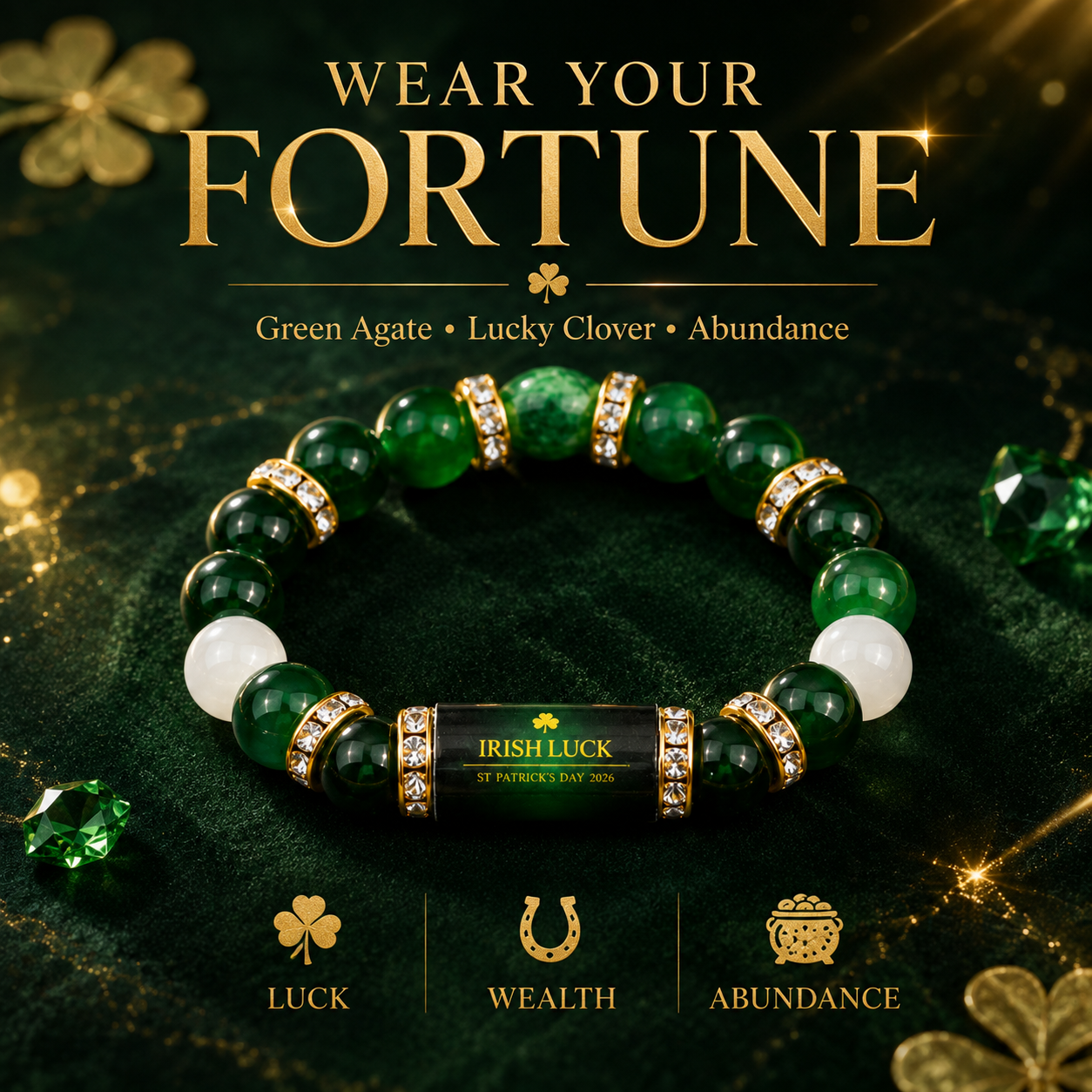 💰 Green Agate Money Luck Bracelet – Clover Charm for Wealth & Good Fortune-Lynn