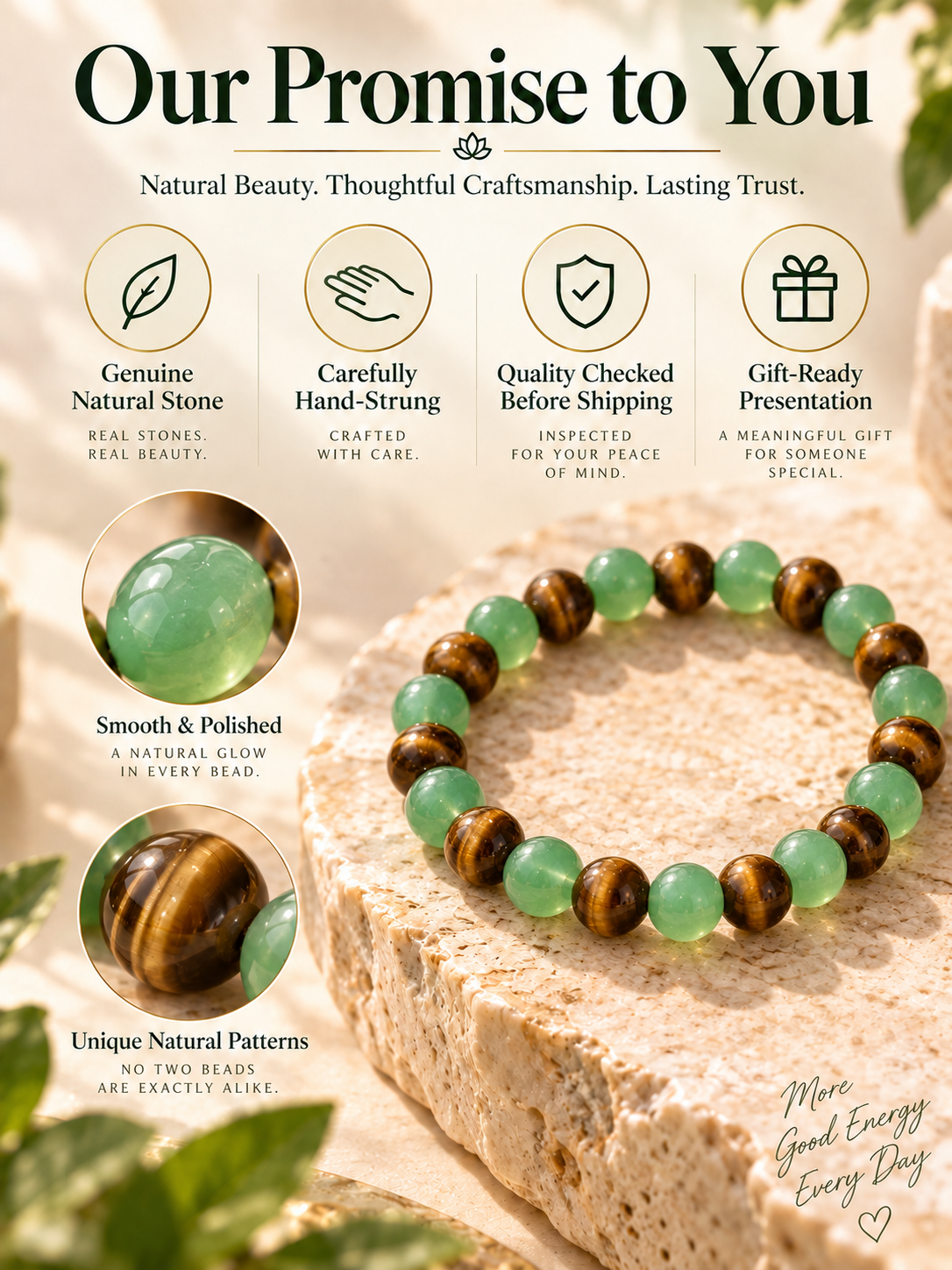 Green Aventurine & Tiger’s Eye Natural Gemstone Bracelet | Healing Crystal Beaded Bracelet for Balance & Confidence