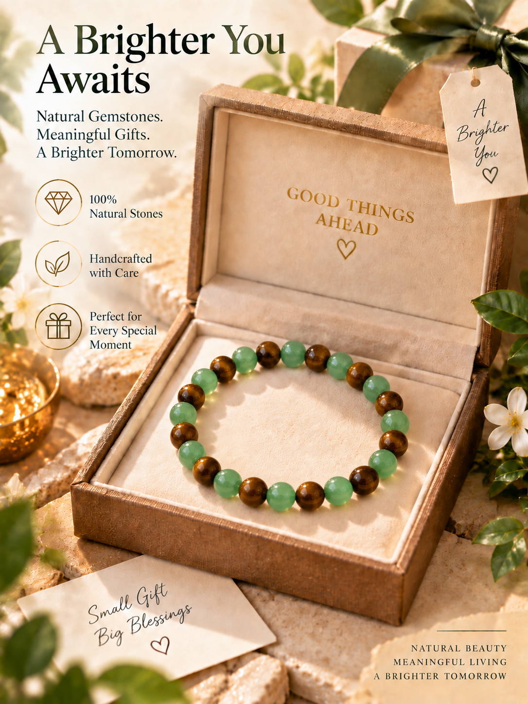 Green Aventurine & Tiger’s Eye Natural Gemstone Bracelet | Healing Crystal Beaded Bracelet for Balance & Confidence