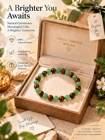 Green Aventurine & Tiger’s Eye Natural Gemstone Bracelet | Healing Crystal Beaded Bracelet for Balance & Confidence