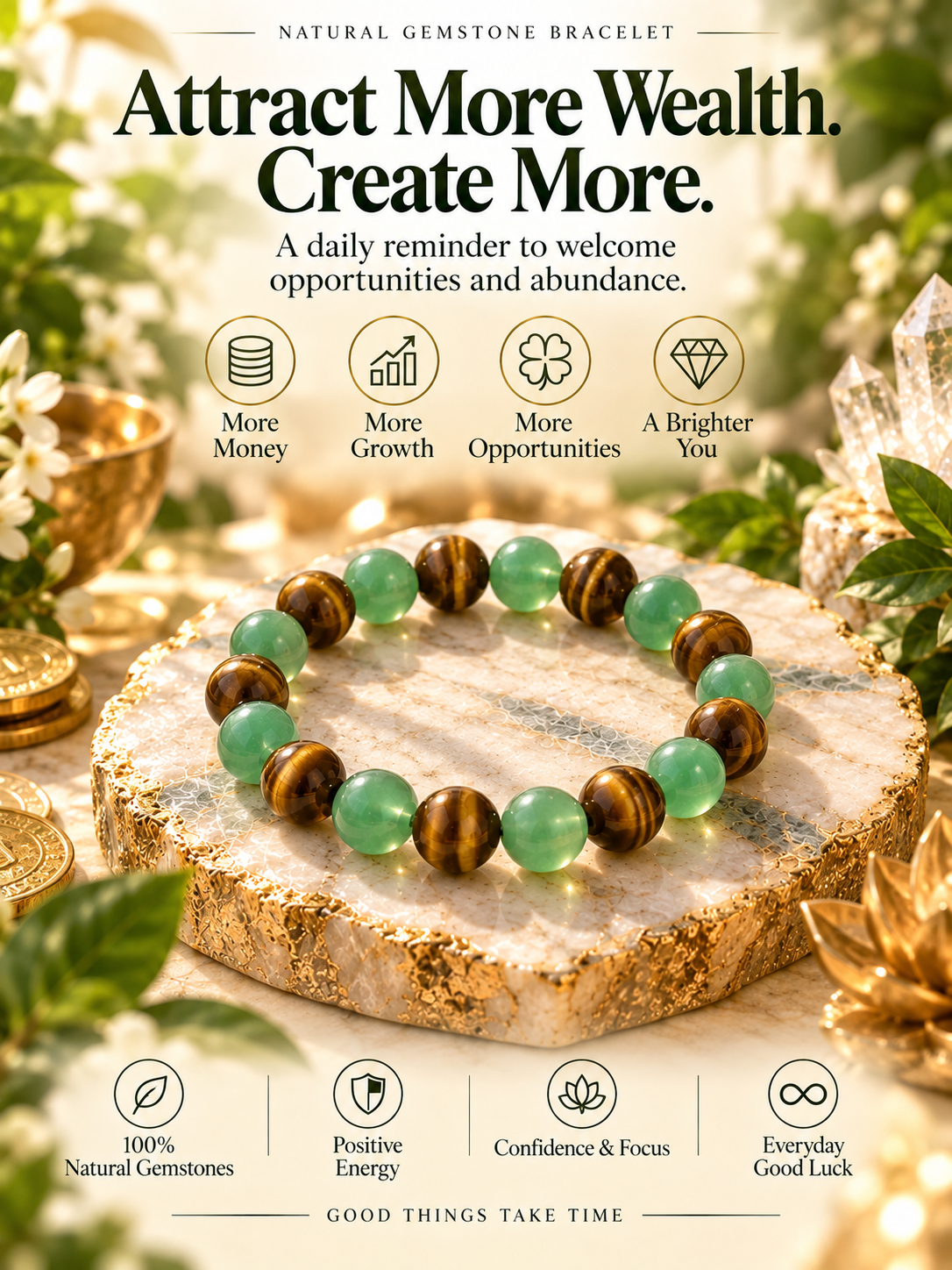 Green Aventurine & Tiger’s Eye Natural Gemstone Bracelet | Healing Crystal Beaded Bracelet for Balance & Confidence