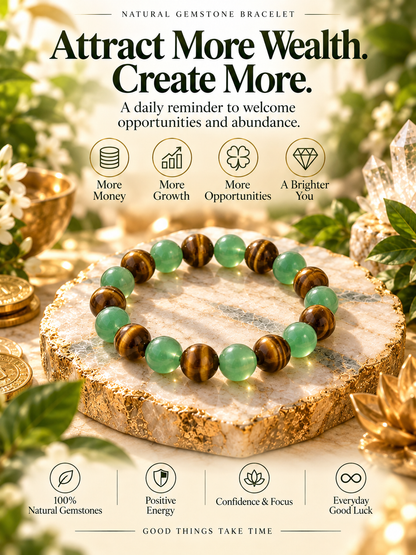 Green Aventurine & Tiger’s Eye Natural Gemstone Bracelet | Healing Crystal Beaded Bracelet for Balance & Confidence