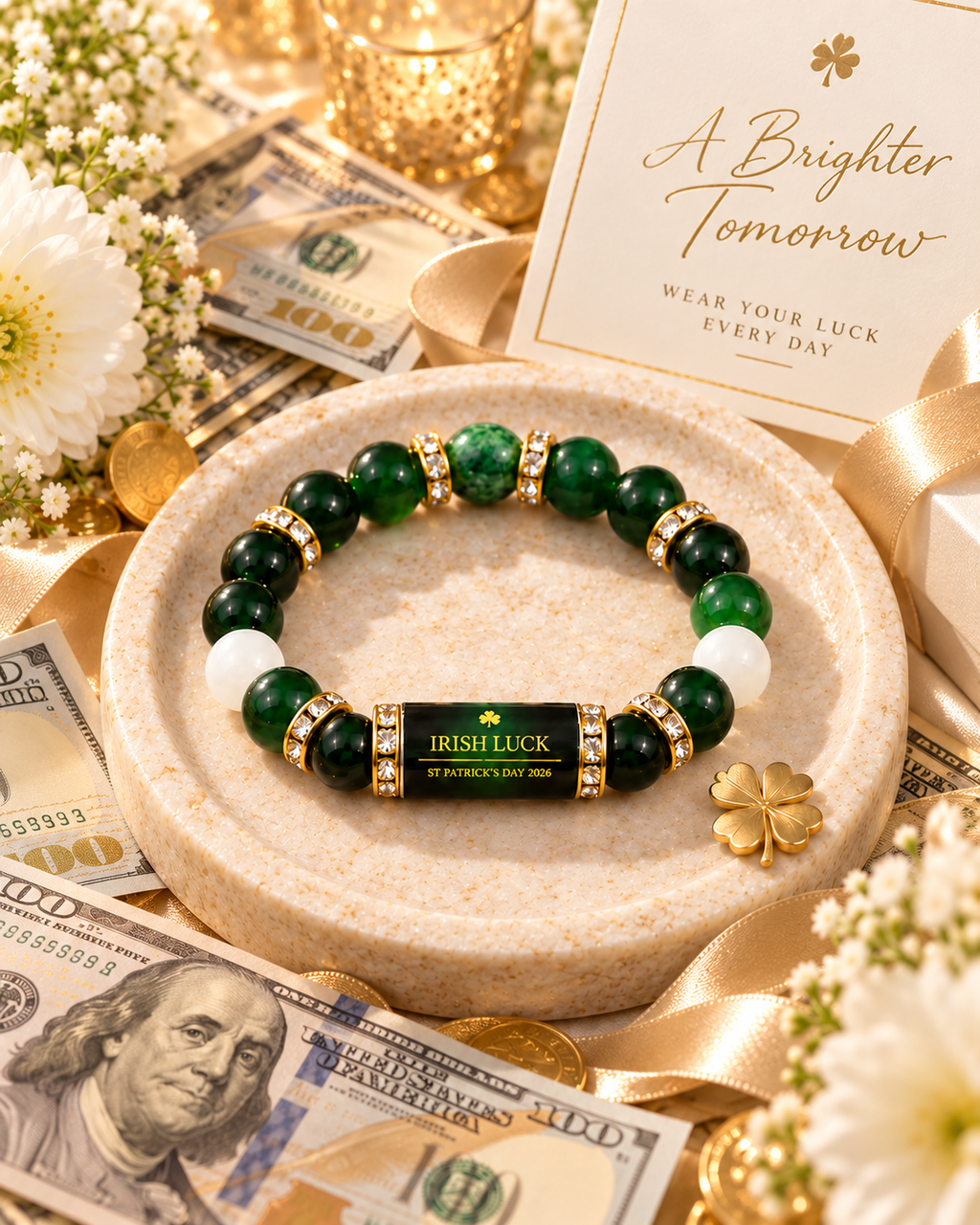 💰 Green Agate Money Luck Bracelet – Clover Charm for Wealth & Good Fortune-Lynn