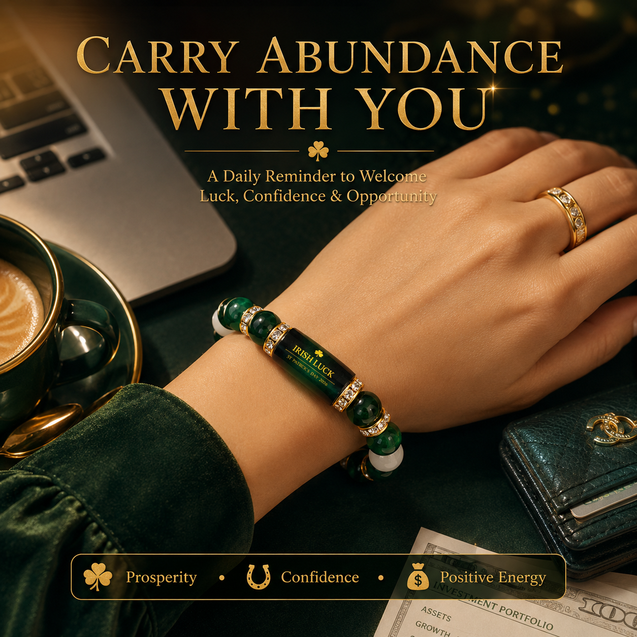 💰 Green Agate Money Luck Bracelet – Clover Charm for Wealth & Good Fortune-Lynn