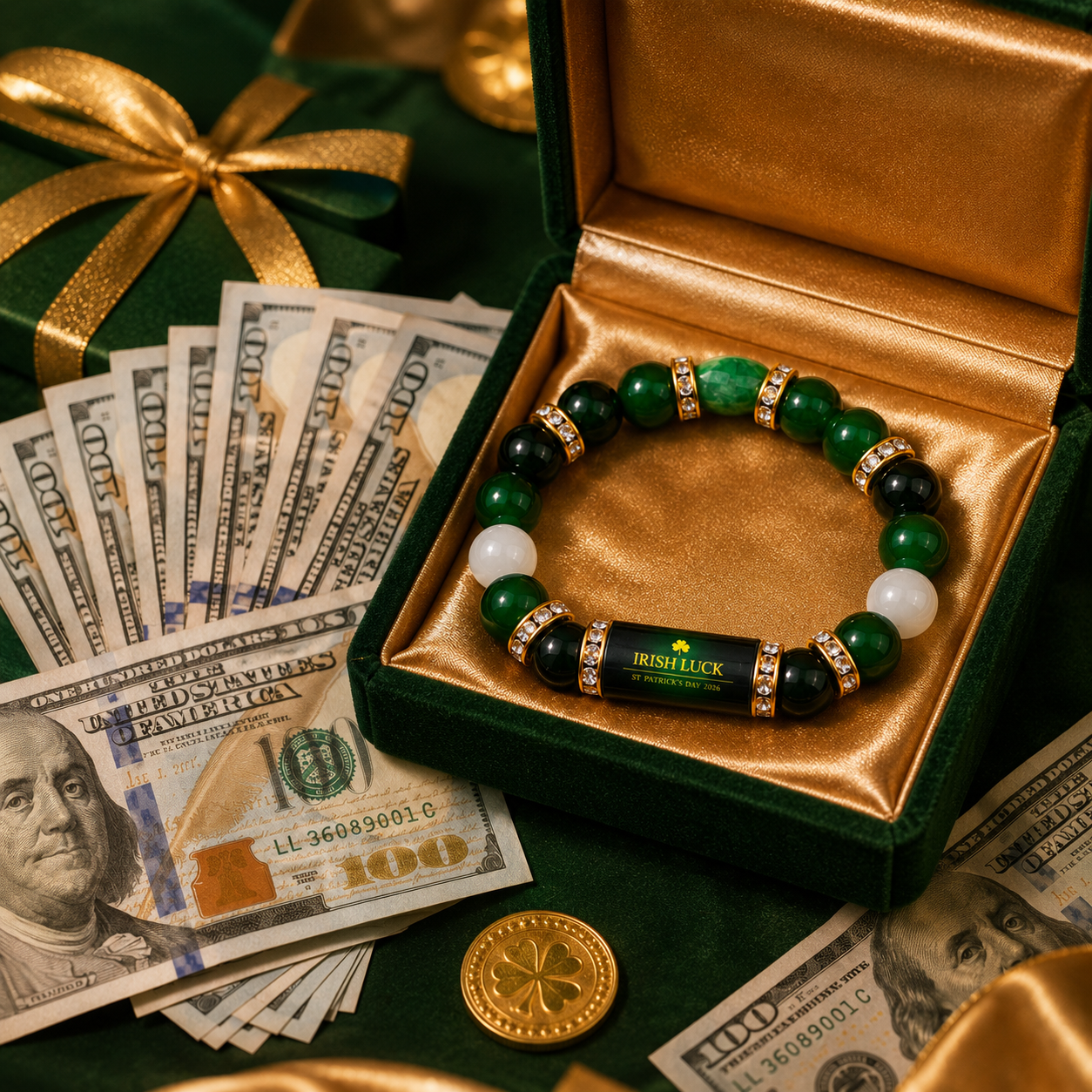 💰 Green Agate Money Luck Bracelet – Clover Charm for Wealth & Good Fortune-Lynn